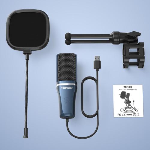 Color Blue TONOR TC-777 Podcast Microphone, USB Computer Microphone, Cardioid Condenser PC Mic with Tripod Stand and Pop Filter for Podcasting, Streaming, Vocal Recording, Compatible with PC & Laptop, PS4/5