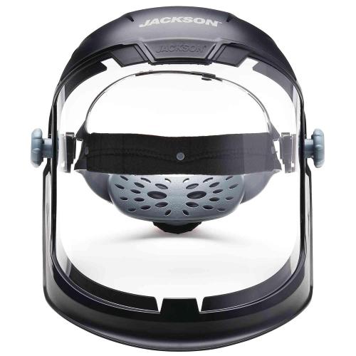 Black Jackson Safety Lightweight MAXVIEW Premium Face Shield - Mask with 370 Speed Dial Ratcheting Headgear, ANSI Z87.1, for Work, Grinding, Cutting - Anti Fog Coating - Clear Tint