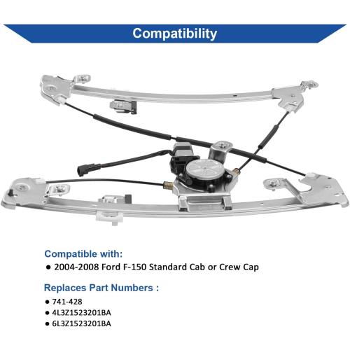 Obaee Window Regulator with Motor Front Left Driver Side, Replace 741-428 | Compatible with Ford F-150 2004-2008, Lincoln Mark LT Base 2006-2008, Standard Cab or Crew Cap, Only with 43.5'' wide doors