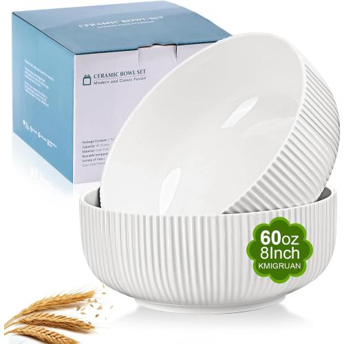 60oz Salad Bowl Set,2 Pack Serving Bowls for Entertaining,8inch Large White Ceramic Bowl for Side Dishes,Soup, Pho, Cereal, Pasta, Fruit, Microwave and Dishwasher Safe