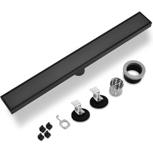 Linear Shower Drain ，with Tile Insert Panels ，36 Inch Black 304 Stainless Steel Rectangle Shower Floor Drain，with Hair Catcher, Adjustable Feet，Fits Bathroom, Balcony