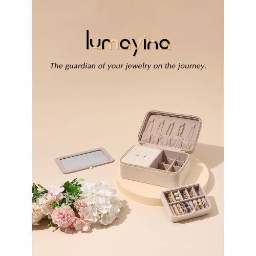Velvet Travel Jewelry Box with Large Mirror, Double-Layer Jewelry Organizer Case for Women and Girls, Portable Storage Case with 6 Anti-Tarnish Bags Gift Ready for Her (Beige)