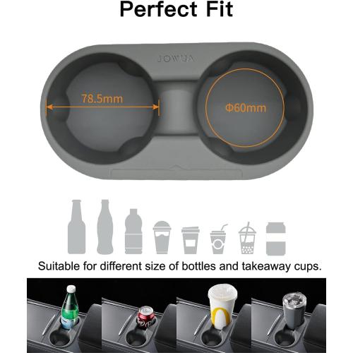 JOWUA Center Console Cup Holder for Tesla Model 3 / Model Y, Silicone, Washable (Grey, Center Console Cup Holder   Rear Seat Coaster)
