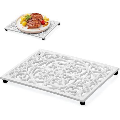 Notakia 9.6 X 6.3 Inch Cast Iron Trivet Set, Large Metal Trivets for Hot Dishes Pots Pans Decorative Kitchen Trivets, Heat-Resistant Trivet Mats for Quartz Countertops, Table Cooktop (White, 1 Pack)