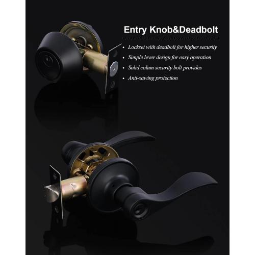 Lanwandeng Keyed Alike Front Door Lever Lockset with Single Cylinder Deadbolt Combination Set, All Keyed Same Exterior Door Handle with Lock and Deadbolt, Matte Finished