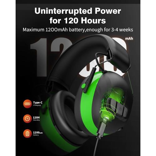 Bluetooth 6.0 Hearing Protection Headphones with 120H Working Time, 30dB SNR, Superior Stereo Sound Quality, Larger Buttons for Easy Operation, Safety Ear Muffs for Lawn Mowing, Workshops