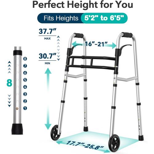 HOMENURSE Folding Walkers for Seniors with Skis, Width & Height Adjustable | Narrow Walker with 5 Wheels for Small Spaces, Aluminum Lightweight Standard Rolling Walker, Supports Up to 300lbs, Silver