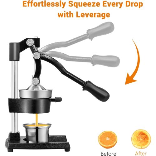 Cast Iron Juicer with Stainless Steel Cup, for Orange, Lemon, Lime, Citrus, Grapefruit & Pomegranate, Heavy Duty Manual Juicer, Hand Press Juicer, Easy to Clean, Black