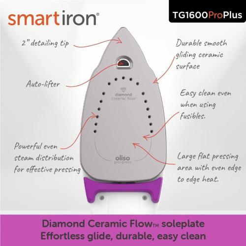 Oliso TG1600 Pro Plus 1800 Watt SmartIron with Auto Lift - for Clothes, Sewing, Quilting and Crafting Ironing | Diamond Ceramic-Flow Soleplate Steam Iron, Purple