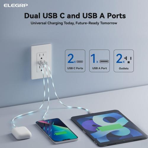 ELEGRP 30W 6.0 Amp 3-Port USB Wall Outlet, 15A Receptacle with Dual Type C & A Ports, Charger for iPhone/iPad/Samsung/LG/HTC/Android Devices, UL Listed, w/Wall Plate, 1 Pack, Matte White