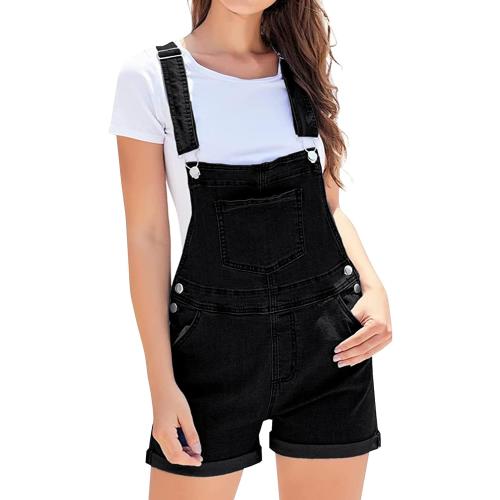 LONGYIDA Women's Medium Black Shorts Denim Overalls Adjustable Strap Cuffed Hem Casual Shortalls