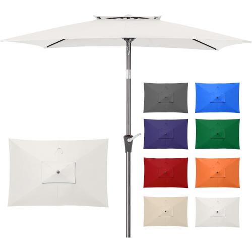 6.6 x 10 ft Rectangular Patio Umbrella, Outdoor Market Table Umbrella with Push Button Tilt and Crank, Double-Tier Vent, 6 Ribs, Rectangle Patio Umbrella for Backyard, Deck, Pool, Fits 4–6 Chairs and Tables (White)