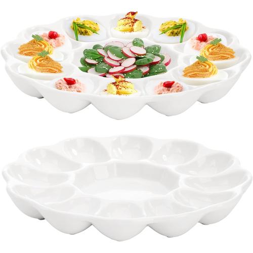 Hedume 2-Pack Ceramic Deviled Egg Platter Tray, 12-Cup Egg Dish, Refrigerator to Countertop Display, Dishwasher, Microwave, Freezer Safe