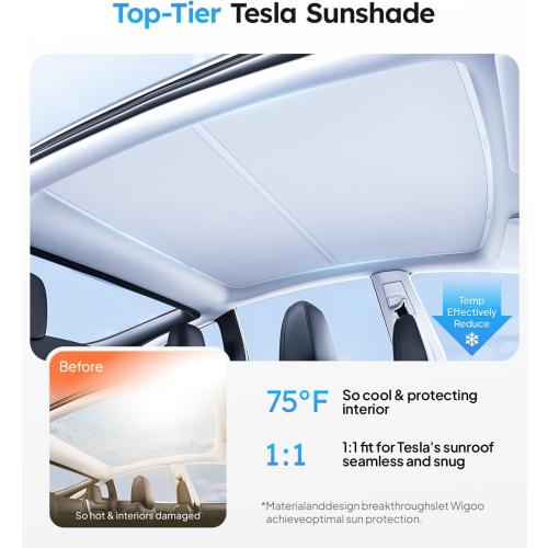 Wigoo 2025 Upgrade Tesla Model Y Sunshade Roof [Never Sag, Nano Ice-Crystal Coatings] 3-Gen Heat Insulation Glass Roof Sun Shade, Accessories for Tesla Model Y 2020~2025, Tesla Interior Gray