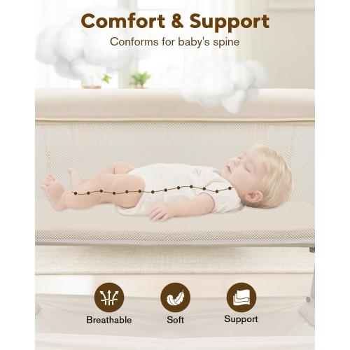 Baby Bassinet, Bedside Bassinet for Baby, Bassinet Bedside Sleeper with Mattress, Storage Basket and 4 Auto-Lock Wheels, Full-Mesh Sides, Bedside Mini Crib for Newborn (Beige)