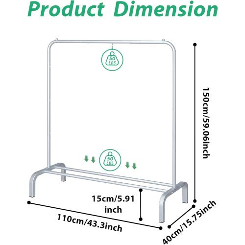 JIUYOTREE Metal Clothing Rack 43.3 Inches Clothes Garment Coat Rack with Bottom Shelf Clothing Rack for Hanging Clothes Coats Skirts Shirts Sweaters Silver Gray