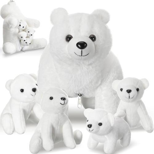 Syhood 5 Pcs Polar Bear Plush Set 12 Inch Mommy Polar Bear Stuffed Animal with 4 Plush Bear Babies Cuddly Bear Gifts for Boys Girls Christmas Birthday Decoration (Realistic Style)