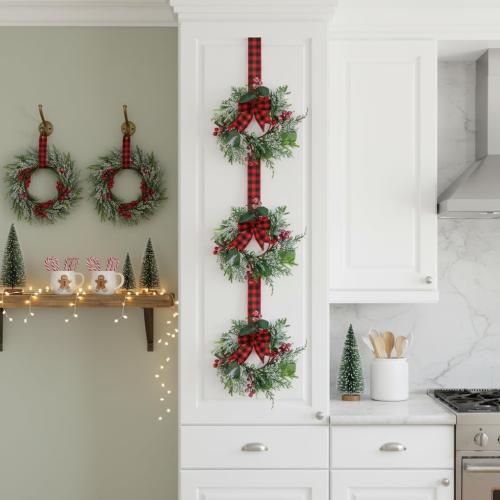 4 Pcs 9.5 Mini Christmas Wreath for Cabinets, Christmas Wreath for Kitchen Decor, Mini Wreaths with Ribbon and Cherry, Door or Kitchen Decor