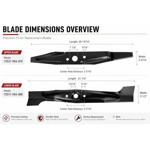 KBZ 72511-VK6-000 and 72531-VK6-010 Lawn Mower Blades Compatiable with Honda HRC216K2 HXA, HRC216K2 PDA, HRC216K3 HXA, HRC216K3 PDA3 Mulching Blade Set