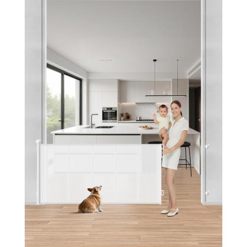 Upgraded Retractable Baby Gate - 71 Wide 34 Tall Mesh Child Safety Gate with High-Density Reinforced Rods, Easy One-Hand Operation Retractable Dog Gate, Fits Baseboards, White