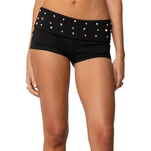Fernvia Women Low Waist Studded Fold Over Shorts Rivet Shorts Slim Fit Boxer Short Rave Mini Bottoms