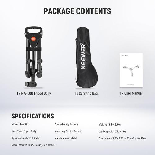 NEEWER Photography Tripod Dolly, Heavy Duty 50lbs Capacity Tripod Wheels with 3 Rubber Wheels for DSLR Cameras Camcorder Photo Video Lighting
