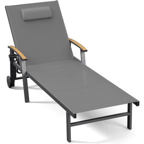 Ciokea Outdoor Lounge Chair with Pillow, 5-Position Aluminum Chaise Lounge with Wheels & Armrests, 400 lbs Heavy Duty Patio Pool Chair for Deck, Backyard, Beach & Poolside, Grey
