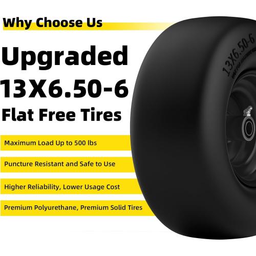 13x6.50-6 Lawn Mower Tires Flat Free, Zero Turn Mower Front Tires for Residential and Commercial, 13x6.5-6 Flat Free Tire and Wheel, 3/4 & 5/8 Bearing, 3.25-7.65 Center Hub, 2Pack Black
