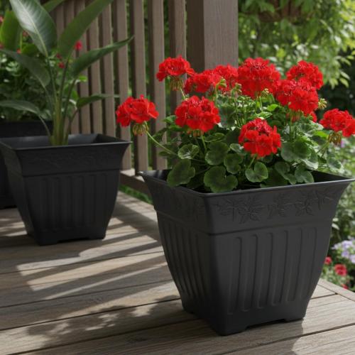 BTPLASTIK 18 inch Large Square Planter for Plants - 4 Pack Decorative Black Plastic Flower Pots with Drainage Holes & Raised Base, 14 Gallon Vintage Garden Pot for Outdoor, Patio, Porch (15 Tall)