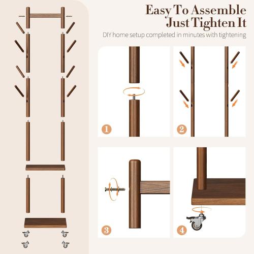 Yoobure Solid Wood Coat Rack Freestanding - Rolling Clothes Rack with 8 Hooks & Shelves, Small Clothing Rack with Wheels, Heavy Duty Clothing Racks for Hanging Clothes, Portable Hall Tree for Entryway