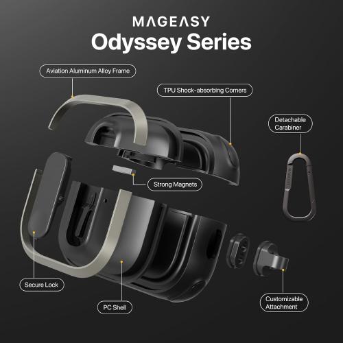 MAGEASY Odyssey AirPods 4 Case Cover (Color: Sand-Brown) Rugged with Secure Lock, Carabiner Clip for Drop Protection, Wireless Charging Compatible Apple AirPod 4th Generation