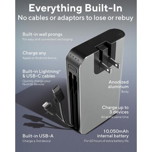 myCharge Portable Charger with Wall Plug – 10050mAh Fast Charger – Power Bank for iPhone, Samsung, Android & More - External Battery Pack Portable Charger with Built-in Cables (Lightning   USB-C), pack of 1