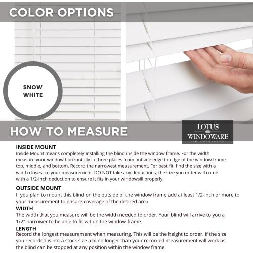 LOTUS & WINDOWARE Cordless Faux Wood Blinds, 39 Wide x 60 Long, Smooth, Snow White, 2 Inch Horizontal Blinds – for Living Room, Bedroom, Interior Door Windows