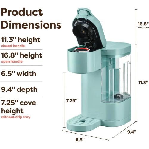 Single Serve Coffee Maker Compatible with K-Cup Pods, Compact Personal Coffee Brewer with 30oz Removable Reservoir, 3 Brew Sizes (6, 8, 10 oz), Travel Mug Friendly - Seafoam Green