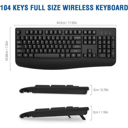 Wireless Keyboard, 2.4G Ergonomic Full Size Wireless Computer Keyboard with Wrist Rest for Windows, Mac OS Desktop/Laptop/PC（Black）