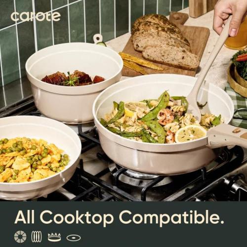 CAROTE 18 Pcs Ceramic Cookware Set Titanium Nonstick with Detachable Handles, Non Toxic Cookware, Pots and Pans Set Non Stick Removable Handles, Induction Available, Kitchen Cooking, Dishwasher Safe