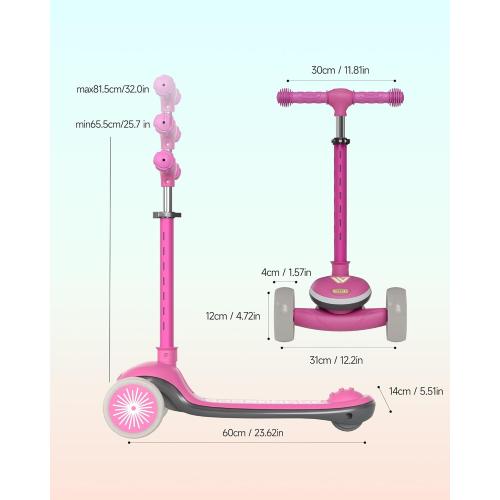 Kids Scooter for Toddlers Ages 2-5, 3 Wheel Scooter with Lean-to-Steer, Adjustable Handlebar, Anti-Slip Deck, Light-Up Wheels, Foldable First Scooter for Boys and Girls