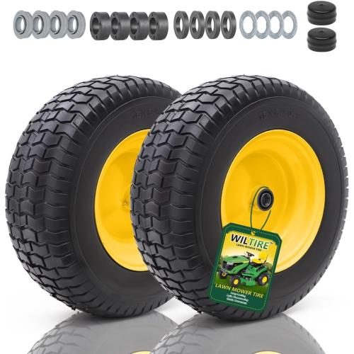2 pack Size 16x6.50-8 Tire and Wheel Assembly (2 Pack),Flat Free Lawn Mower Tires with Rim, Solid Rubber Riding Lawn Mower Tires and Wheels,3/4 Bearings (Extra 5/8 Bearings),3 Centered Hub(Yellow)