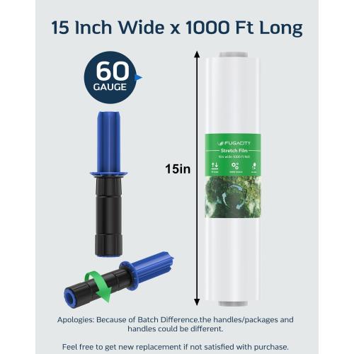 Size 15 inch FugaCity Stretch Wrap Film-15 Inch 1000 ft 60 Gauge Shrink Wrap for Pallet Wrapping, Industrial Strength 1 Roll Pallet Wrap with Handles, Moving Supplies Plastic Wrap Roll, 500% Stretch, Transparent