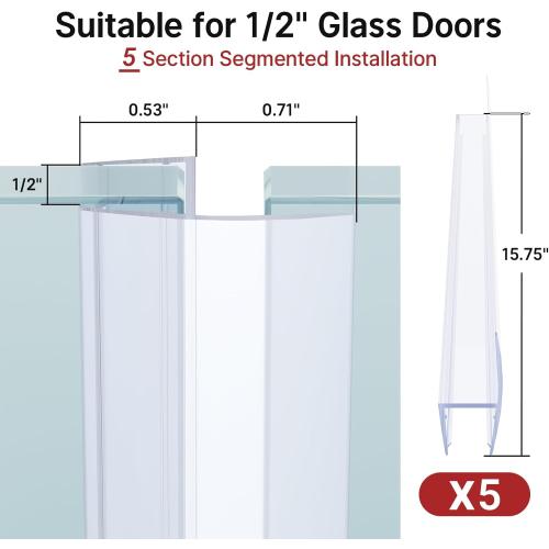 AmazerBath 5 PCS Shower Door Side Seal Strip for 1/2 Inch Glass - 15.75 Inches x 5, 5 Sections Segmented Shower Installation Kit, Frameless Glass Door Seal Strip
