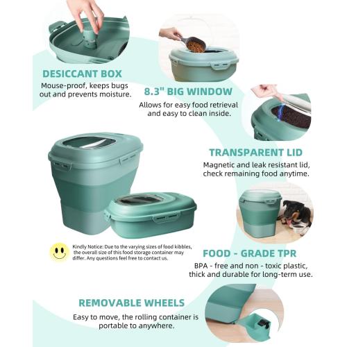 30-35 Lbs Dog Food Storage Container Collapsible Dog Food Container with Airtight Lids, Wheels, Scoop and 2pcs Food Storage Containers, Large Pet food storage for Dog, Cat (Green)