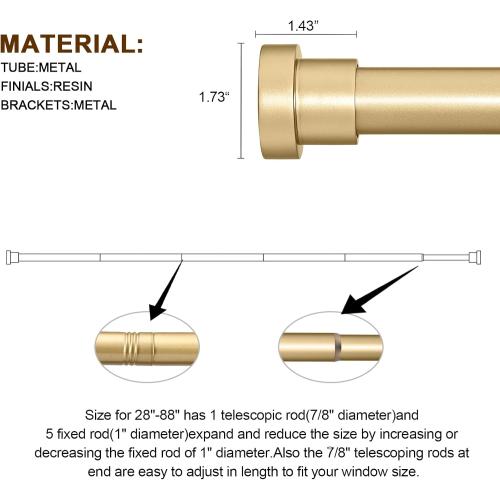 Briofox gold Curtain Rods for Windows 48 To 84 Inch, 1 Inch Heavy Duty Adjustable Curtain Rod With Modern Decorative End Cap Finials WIth Brackets【NOT TENSION ROD】