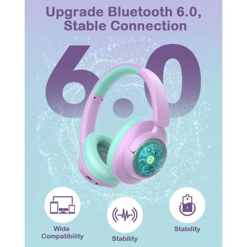 Hybrid Active Noise Cancelling Headphones for Kids, Wireless Bluetooth 6.0 Headset, 100H Playtime, Built-in Mic, Type-C Fast Charging, 94dBA Safe Volume, Colorful LED Lighting