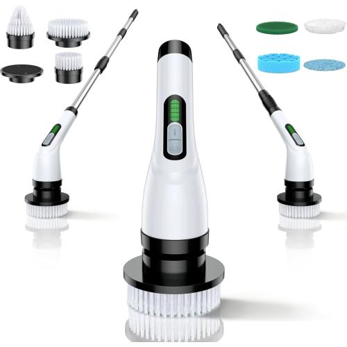 Electric Spin Scrubber - Cordless Bathroom Scrubber with 7 Brush Heads - Dual Speed IPX7 Waterproof Power Scrubber for Heavy-Duty Bathtub, Glass, Tile, and Car Cleaning (White)