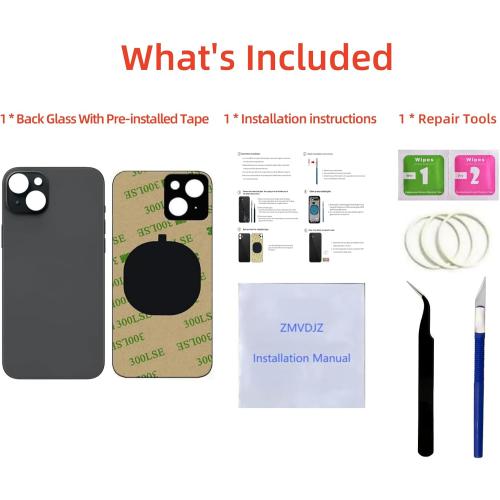 15 Back Glass Replacement for iPhone 15 Back Cover Glass (Black, 6.1 Inches) with Pre-Installed Tape  Installation Instruction   Repair Tools (Black)