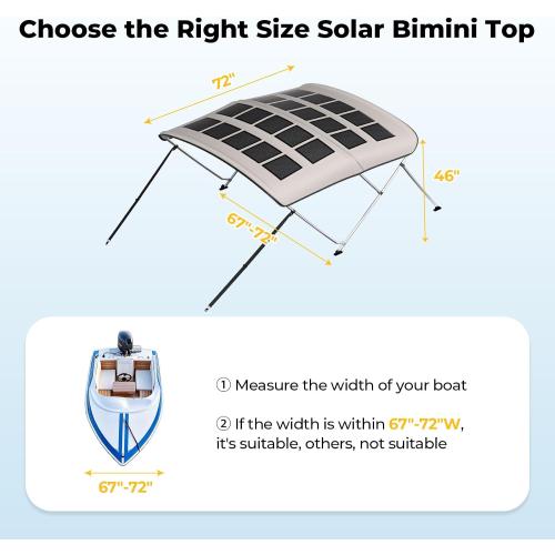 BougeRV 200W Solar Bimini Top for Boats 3-4 Bow 24V 600D Canopy | Marine solar panels bimini tops for boats,24V 25% efficient flexible panel with waterproof canopy and rear support poles