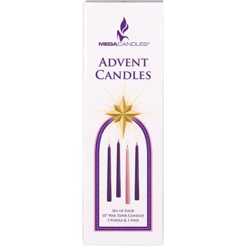 Mega Candles 4 pcs Unscented Christmas Advent Candles Set, Hand Poured Premium Wax Taper Candle 10 Inch x 7/8 Inch, Holidays, Occasions, Events, Festivities, Devotional, Church, Wreath, Party, Gifts