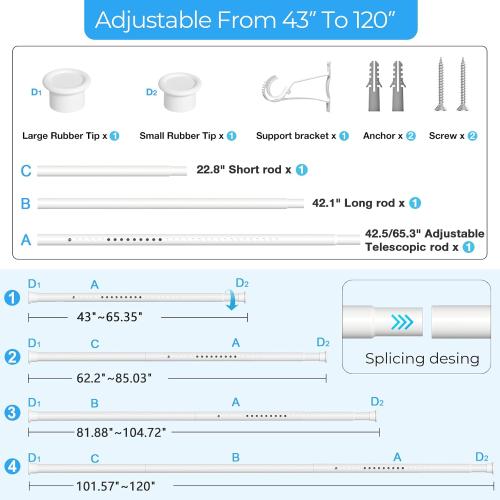 Tension Curtain Rod 64-120 Inches, Heavy Duty Tension Rod for Windows, No Drilling Adjustable Curtain Rod for Patio, Renter Friendly Pressure Curtain Rods for Room Divider, Outdoor, White