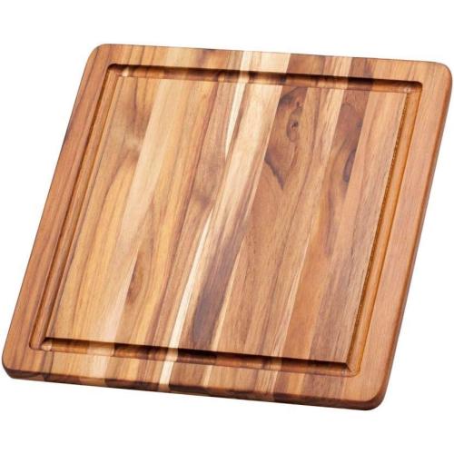 Cutting Board With Juice Canal - Square Teak Wood Serving Board (12 x 12 x .55 in.) - By Teakhaus