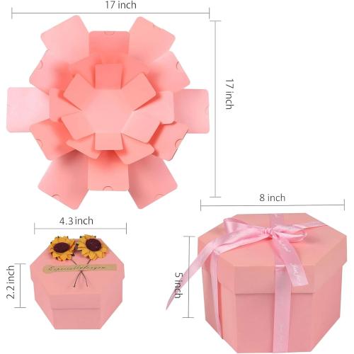 RECUTMS Explosion Gift Box, Handmade Exploding Photo Album Mothers Day Gifts,Gift Box with 6 Faces for Boyfriend, Girlfriend, Wedding, Birthday Party, Memory Box(Pink-6 Sides)
